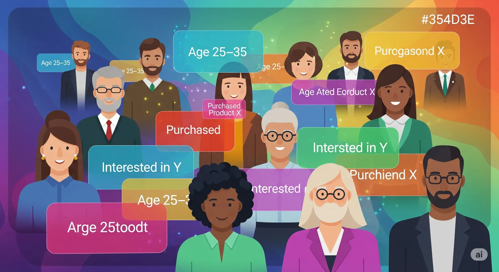 An illustration of diverse people with overlapping, transparent colored boxes labeling them with different demographic, behavioral, and interest-based segments like "Age 25-35," "Purchased Product X," and "Interested in Y.