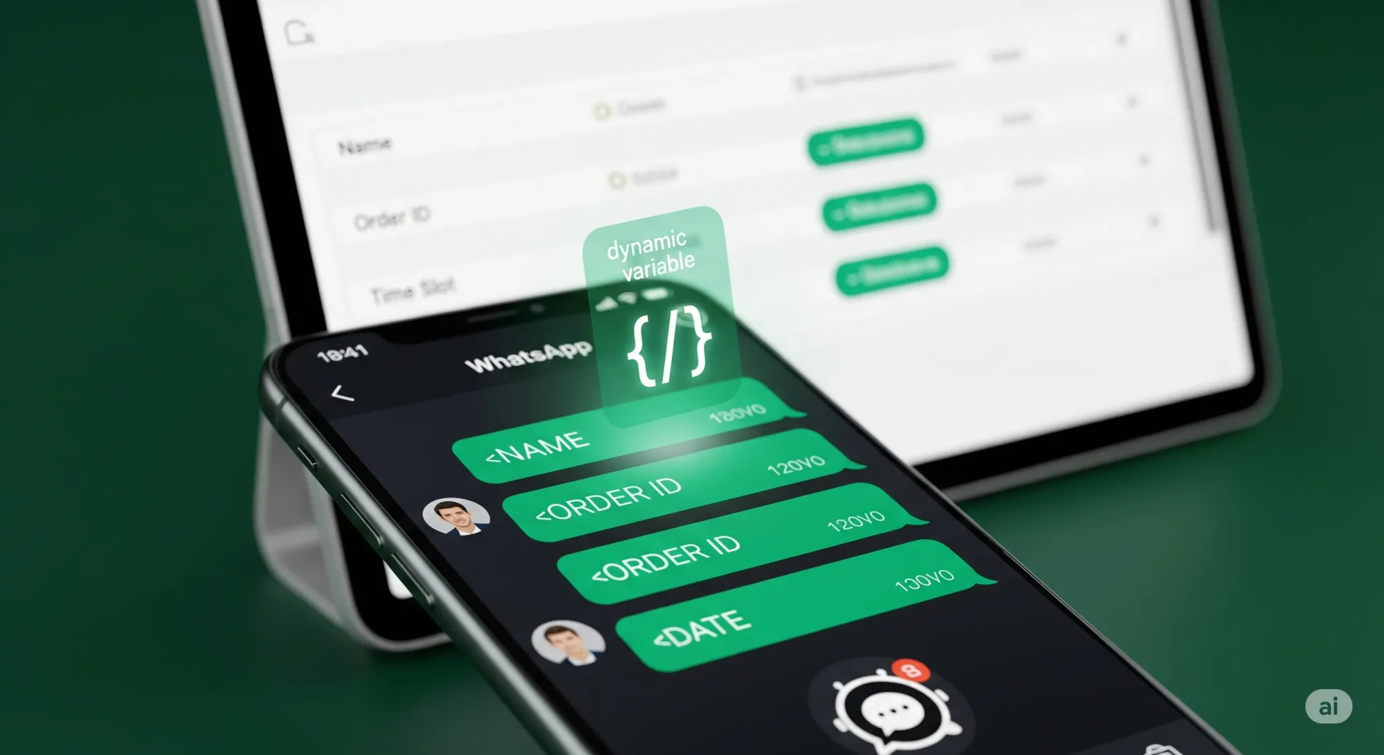 Smartphone screen showing a WhatsApp chat with placeholders like <NAME>, <ORDER ID>, <DATE>, with a "dynamic variable" icon floating above.