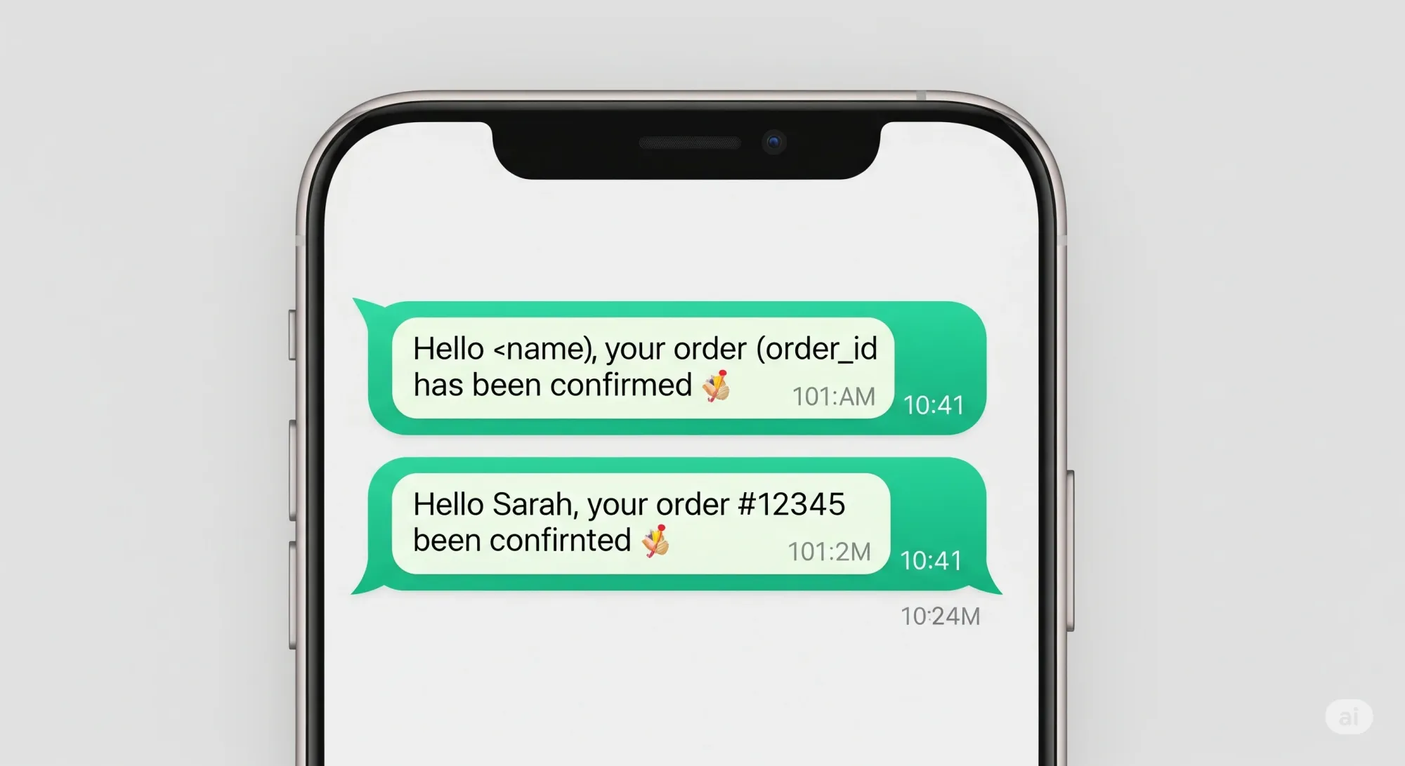 A smartphone screen displaying two green WhatsApp chat bubbles. The top bubble shows a message with placeholders: "Hello <name>, your order <order_id> has been confirmed". The bottom bubble shows the same message with placeholders replaced by actual data: "Hello Sarah, your order #12345 has been confirmed".