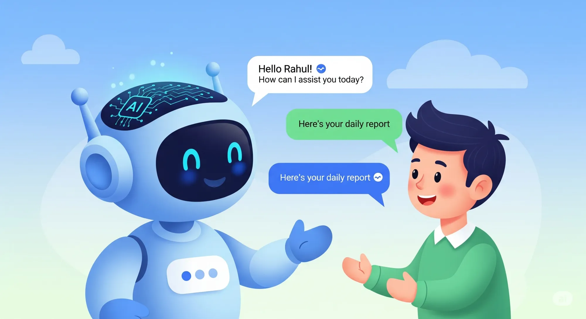 Cartoon illustration of a smiling robot chatbot interacting with a person via WhatsApp chat bubbles, showing a personalized greeting "Hello Rahul!