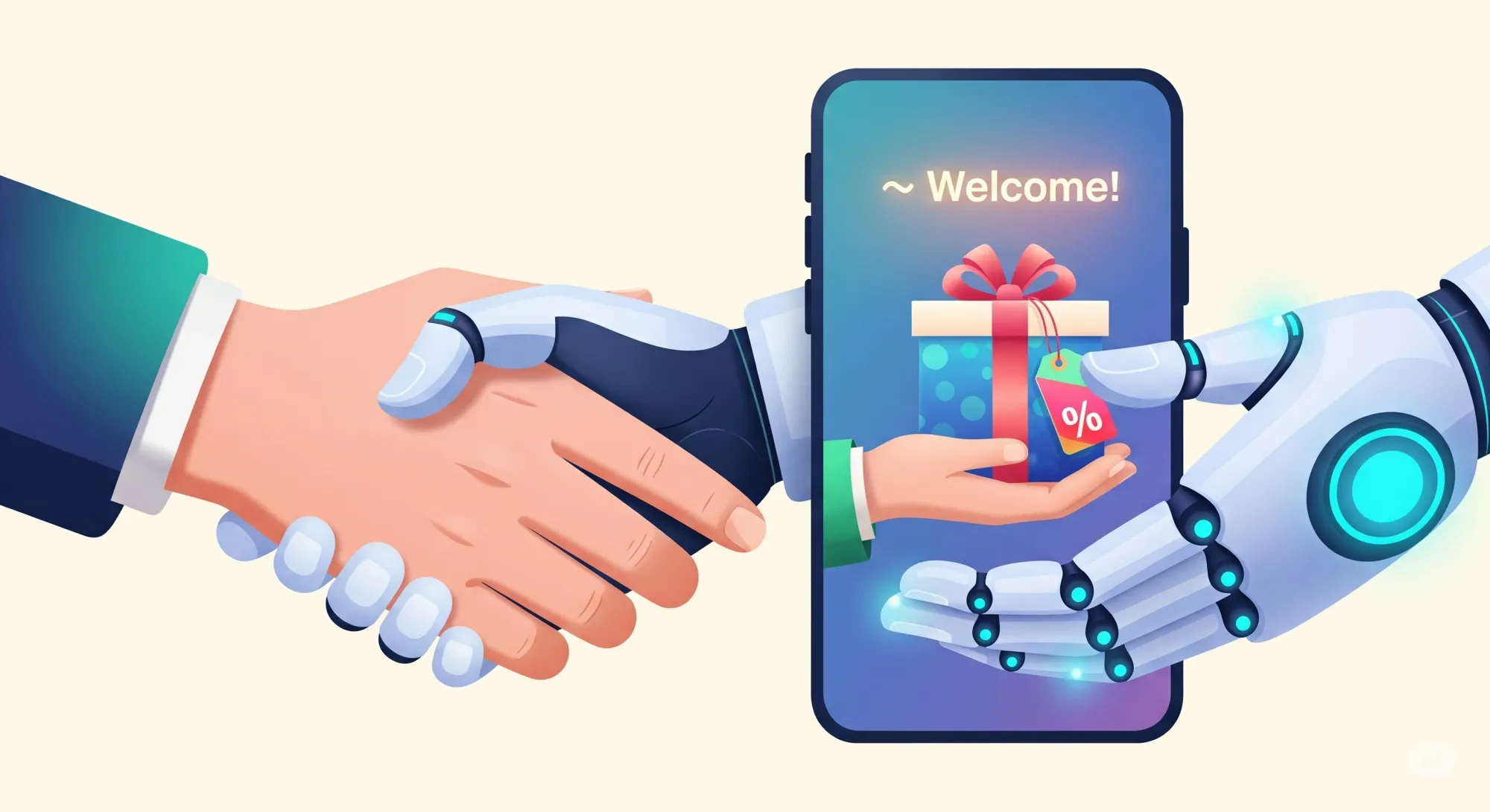 Cartoon illustration of a human hand shaking a robotic hand extending from a smartphone screen showing a welcome message with a gift box icon.