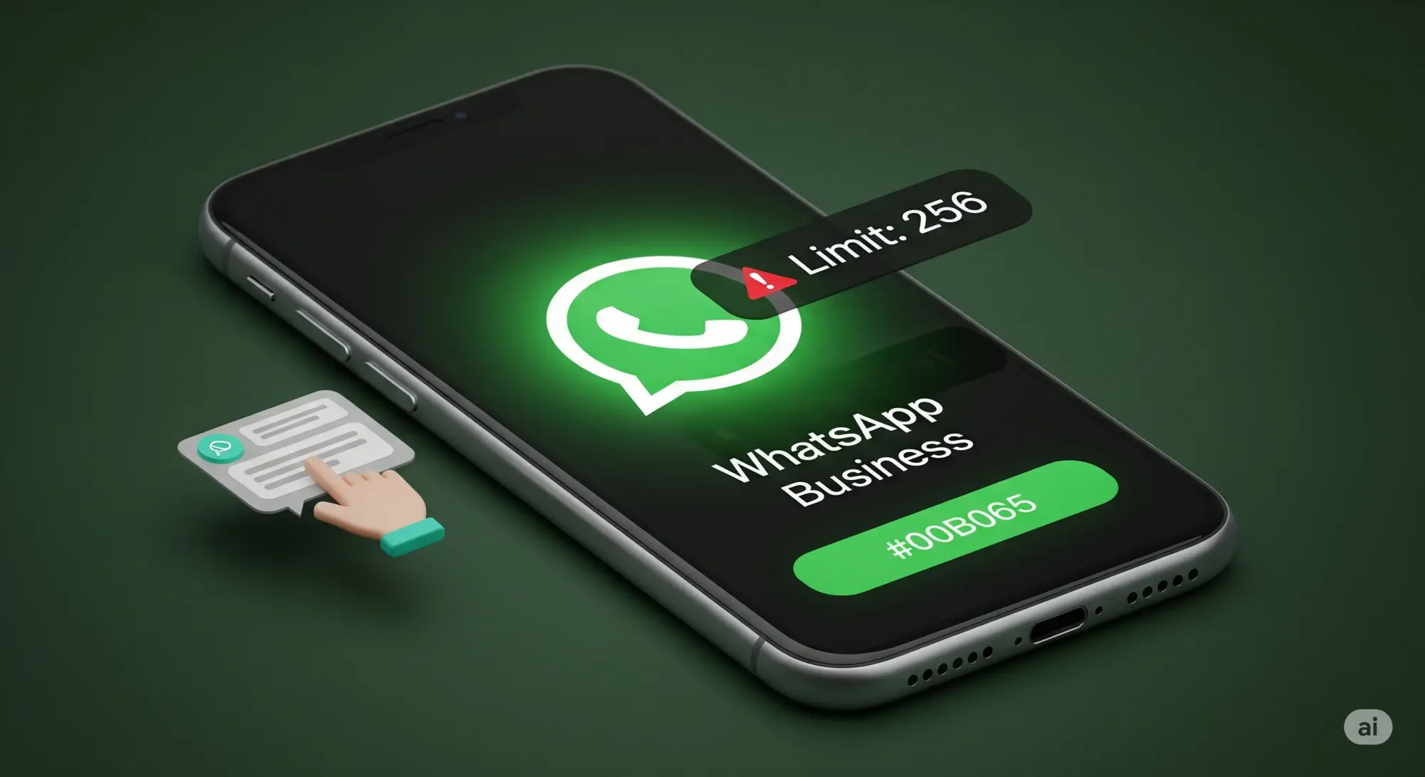 A smartphone displaying the WhatsApp Business app logo with a "Limit: 256" notification bubble, and a small hand icon indicating manual message creation.