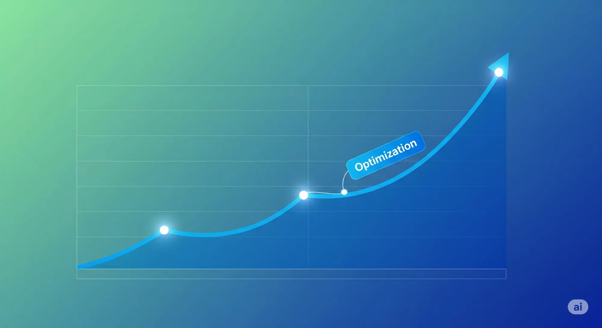 A blue line graph showing an upward trend with data points and an "Optimization" label on the rising curve, indicating continuous improvement.