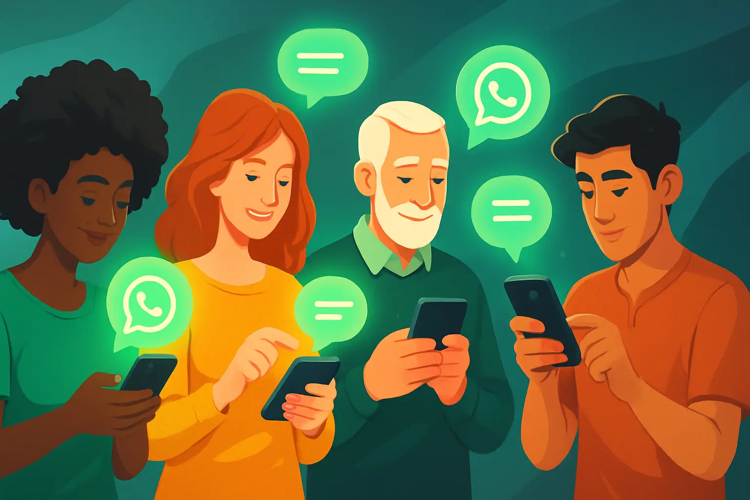 Illustration of a chatbot or AI interacting with multiple chat bubbles on a smartphone, representing automated customer service and marketing via WhatsApp API.
