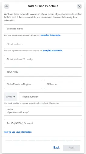 A form in Meta Business Manager for adding business details including name, address, phone number, website, and tax ID for verification purposes.