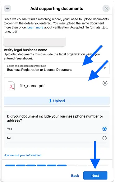 A form in Meta Business Manager for uploading supporting business documents, including a dropdown to select document type, an upload field for a PDF, and a question about the document's contents.