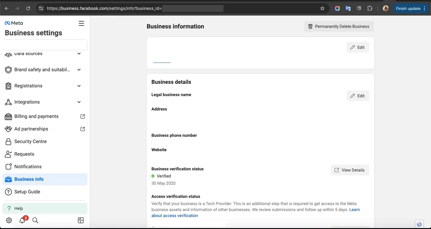 Screenshot of the Meta Business Manager Business info page, showing a verified business status and details like business name, address, and contact information.