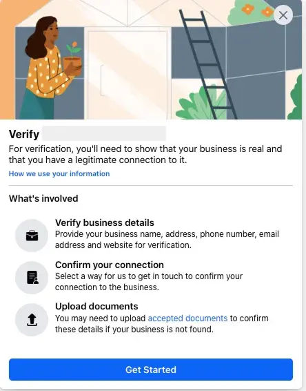 Popup window from Meta Business Manager detailing the three-step business verification process with a Get Started button.