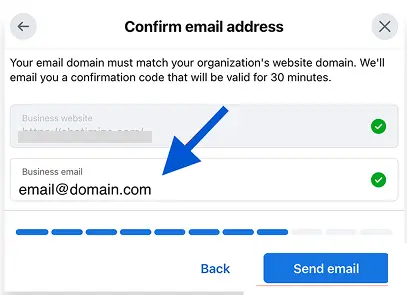 Popup window in Meta Business Manager to confirm an email address for business verification by sending a confirmation code.