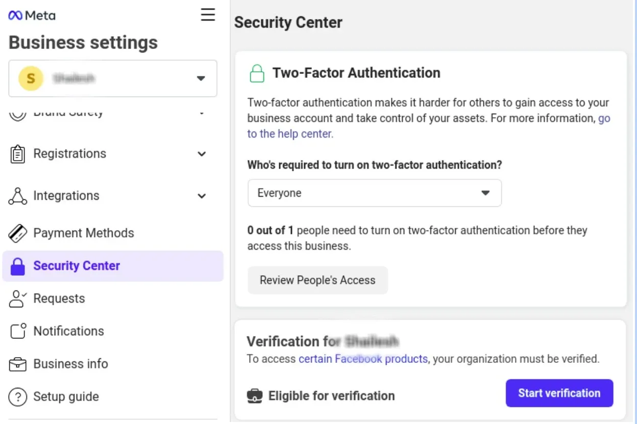 Screenshot of the Meta Business Manager Security Center page, showing two-factor authentication status and the option to start business verification.