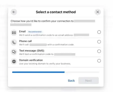 A popup window in Meta Business Manager showing options to verify a business via email, phone call, text message, or domain verification.