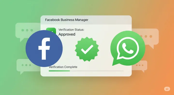 An illustration of Facebook Business Manager verification for WhatsApp API, showing Verification Complete on a green-orange background with Facebook and WhatsApp logos.