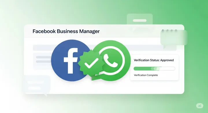 An illustration of Facebook Business Manager verification for WhatsApp API, showing Verification Complete on a green-orange background with Facebook and WhatsApp logos.